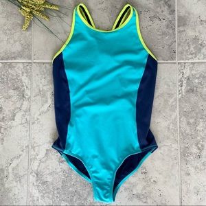 Athleta Girls Swimsuit Large 12 Blue Yellow Color